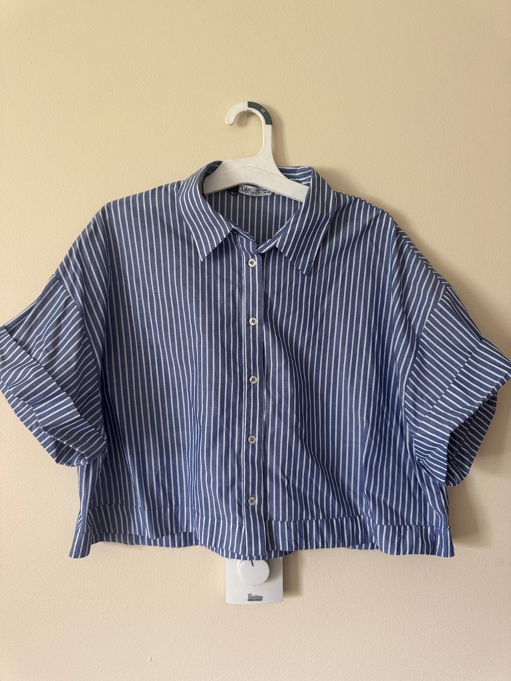 Zara Cropped Button Up Blue and White Striped Shirt